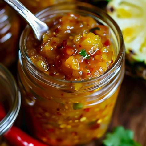 Sweet Chili Pineapple Sauce Pineapple Relish Recipe, Chili Pepper Sauce, Pineapple Sauce, Chili Sauce Recipe, Chopped Pineapple, Homemade Sauce Recipes, Pineapple Water, Hot Sauce Recipes, Honey Soy