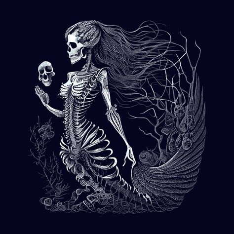 Haunted Mermaid, Skeleton Mermaid Tattoo, Skeleton Queen, Skull Mermaid, Mermaid Skull, Goth Mermaid, Pin Up Mermaid, Female Skeleton, Mermaid Soul