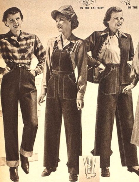 1940s Overalls Women, Vintage Workwear Women, 1940s Outfits For Women, 1940s Overalls, 40s Workwear, 1940s Workwear, Apron Outfit, Motif Soutache, Winter Casual Outfits