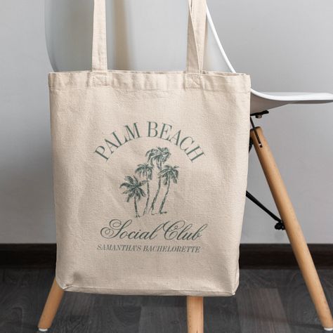 Retro Luxe Beach Bachelorette Logo Social Club Aesthetic Palm Trees Custom Bachelorette Tote bags with personalized name on the back. Social Club Bachelorette, Beach Club Branding, Rebrand Aesthetic, Custom Tote Bag Aesthetic, Bach Favors, Social Club Aesthetic, Beach Club Aesthetic, Social Club Logo, Bachelorette Logo