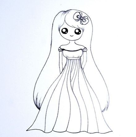 Drawing Doll Cute, Cute Easy Princess Drawings, Drawing Doll Easy, Cartoon Doll Drawing, Barbie Doll Drawing Easy, Easy Drawing Princess, Doll Sketch Art Drawings, How To Draw A Doll, Doll Easy Drawing