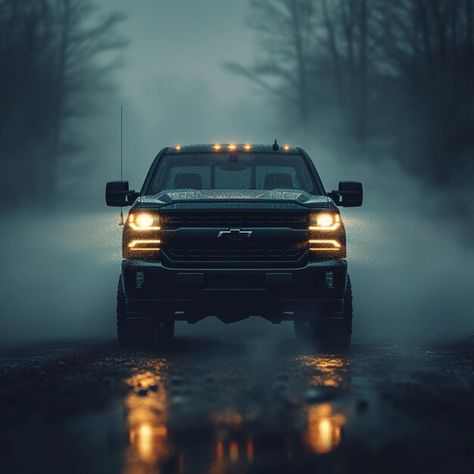 Photo front view of truck in low lights | Premium Photo #Freepik #photo Truck Headlights Photoshoot, Mechanics Photography, Truck Aesthetic, Truck Photography, Jacked Up Truck, Truck Photo, Black Truck, Truck Pictures, Solo Photo