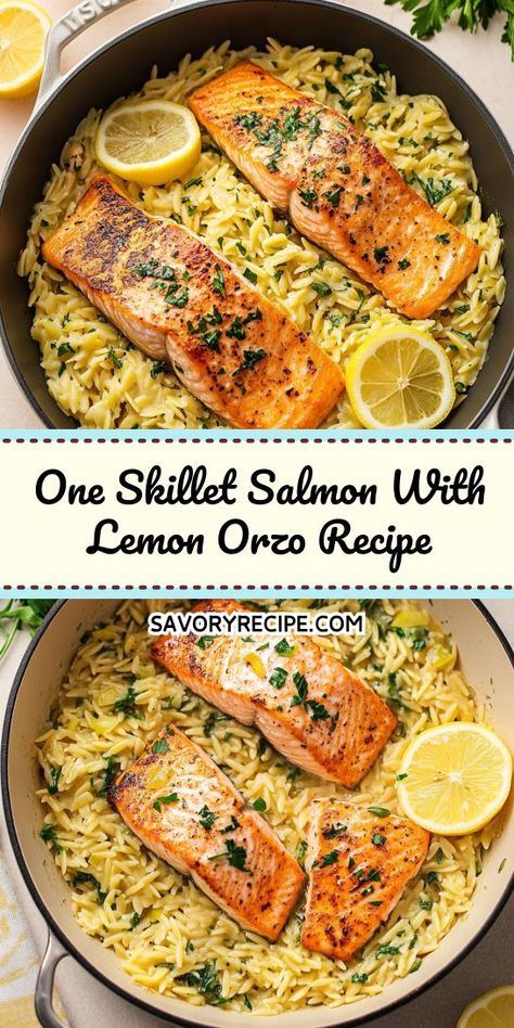 Searching for a simple yet flavorful seafood dinner? This One Skillet Salmon with Lemon Orzo is the perfect solution, featuring tender salmon and zesty orzo that come together effortlessly. Make sure to save this recipe for your next culinary adventure and impress your loved ones! Zesty Salmon Recipe, Salmon Orzo Recipe, Orzo Recipes Healthy, Breakfast Lunch Ideas, Orzo Dishes, Salmon With Lemon, Orzo Recipe, Delicious Salmon Recipes, Dinner Simple