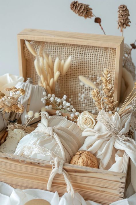 Rustic gift box with dried flowers and eco-friendly wrapped presents Mommy To Be Basket, Mom To Be Hamper, New Mommy Gift Basket, Mommy Gift Basket, Mom To Be Gift Ideas, Baby Shower Girl Gifts Basket, Shower Gift Basket Ideas, Gifts For Mom To Be, Baby Shower Gifts For Mom