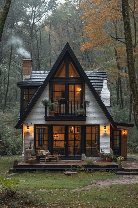 Pnw House Exterior, Witchy Cottage Exterior, Aesthetic Houses Exterior, Dark Wood Cottage, Cabin With Windows, Cabin With Lots Of Windows, Black And Brown House, House In The Woods Exterior, House In Forest Cottages