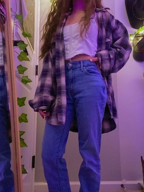 diy corset, resized thrifted jeans, thrifted oversized flannel Corset And Flannel Outfit, Heather Aesthetic Outfit, Purple Flannel Outfit, Lana Outfits, Rockstar's Girlfriend, Oversized Flannel Outfits, Flannel Outfits Aesthetic, January Style, Flannel Aesthetic