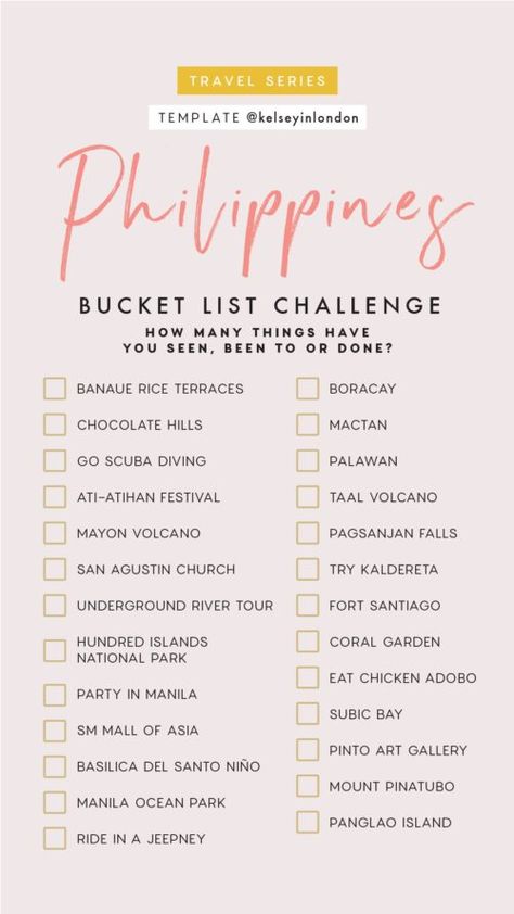 Top things to do in Philippines- Philippines Bucket list - Instagram Story Template - kelseyinlondon- Kelsey Heinrichs - What to do in Philippines- Where to go in Philippines- top places in Philippines Philippines Destinations, Dumaguete, List Challenges, Siargao, Destinations Travel, Vigan, Girls Getaway, Travel Hotel, Baguio