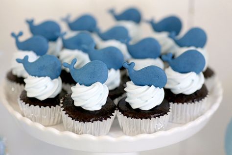 Whale cupcakes from a Whale Themed Baptism + Birthday Party on Kara's Party Ideas | KarasPartyIdeas.com (14) Whale Theme Cake, Whale Desserts, Whale First Birthday Boy, Whale Birthday Party Boy, Whale Birthday Theme, Cake Whale, Whale Birthday Cake, Welcome Cake, Whale Baby Shower Theme