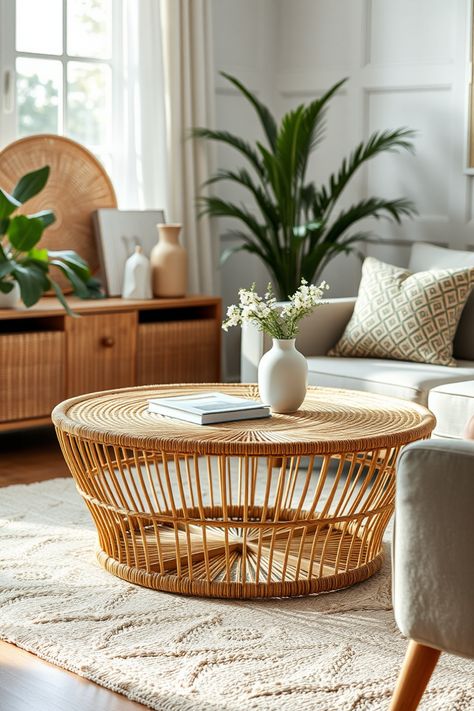 Looking for stylish and practical furniture? Check out these 10 cozy rattan coffee table ideas that capture the essence of bohemian style! Rattan coffee tables add a natural charm to your living space while providing a perfect spot for drinks, books, and decoration. Whether you prefer round or rectangular designs, each piece offers versatility that complements any décor seamlessly. Get inspired with unique features that can spruce up your home. Explore various ways to style your rattan coffee table for a fresh, inviting atmosphere. Perfect for mindful design enthusiasts and casual hosts alike! Boho Rattan Living Room, Round Coffee Table Styling Ideas, Coffee Table Sectional, Round Rattan Coffee Table, Round Coffee Table Styling, Loveseat Ottoman, Boho Coffee Table, Wooden Coffee Table Designs, End Tables For Living Room