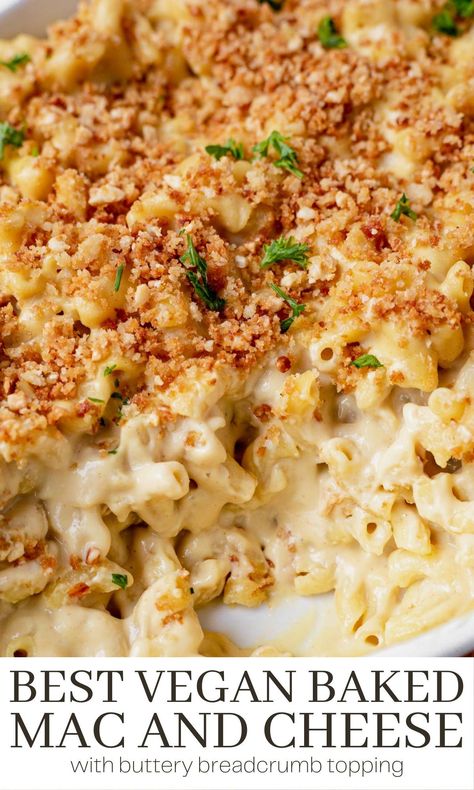 This baked vegan mac and cheese is made with al dente pasta, creamy vegan cheese sauce, and topped with buttery breadcrumbs. It's a rich and creamy comfort food rivals the traditional mac and cheese you grew up with! Nutritional Yeast Pasta, Vegetarian Mac And Cheese, Vegan Pasta Bake, Vegan Mac N Cheese Recipe, Pasta Garlic, Vegan Mac N Cheese, Vegan Pasta Dish, Non Dairy Milk, Vegan Cheese Sauce