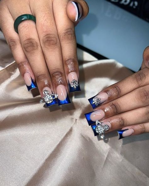 French Blue Nails Design, Chrome Duck Nails Acrylic, Blue And Black Birthday Nails, Dark Blue Nails Black Women, Prom Duck Nails, Royal Blue Nails With Charms, Navy Blue Prom Nails Acrylic Short, Blue Nails Acrylic With Design, Royal Blue Duck Nails