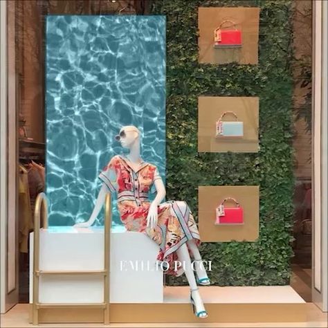 EMILIO PUCCI, Avenue Montaigne, Paris, France, “You’re only one swim away from a good mood”, creative by Visualplex, pinned by Ton van der Veer Summer Visual Merchandising, Summer Window Display, Fashion Window Display, Window Display Retail, Connecting With Nature, Summer Window, Fashion Displays, Visual Merchandising Displays, Store Window Displays