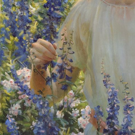 🌷Megan🌷 on Instagram: “Betty Newell by Charles Courtney Curran (detail) 1922 #cottagecore #cottagecoreaesthetic #cottagestyle #naturecore #fairycore…” Larkspur Flower, Raindrops And Roses, Fairy Wallpaper, Cottage Core Aesthetic, Fantasy Aesthetic, Dreamy Art, Claude Monet, Blue Aesthetic, Flower Wallpaper