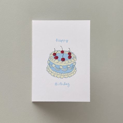 Vintage Blue Cherry Cake Happy Birthday Card | Greeting Card sizes available 3.5x5" or 5x7"  Each card comes with a white envelope. Homemade Birthday Card Boyfriend, Line Art Birthday Card, 25 Birthday Card Ideas, Cute Birthday Card Designs, Birthday Card Sketch, Cute Bday Cards, Drawn Birthday Cards, Bday Card Ideas, Birthday Watercolor Card