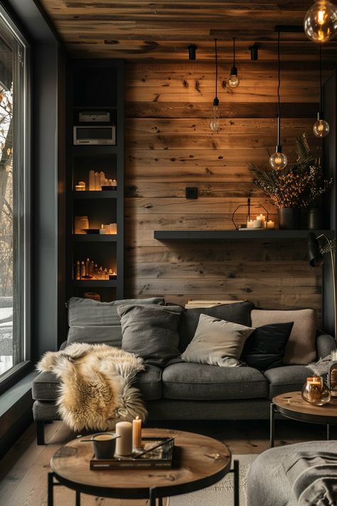 cozy-corners-categorycreative-spaces Dark Reading Corner, Small Cozy Office Space, Dark And Cozy Living Room, Cozy Living Rooms Aesthetic, Rustic Sitting Room, Cabin Aesthetic Interiors, Cozy Warm Living Room, Warm Industrial Living Room, Cosy Home Ideas