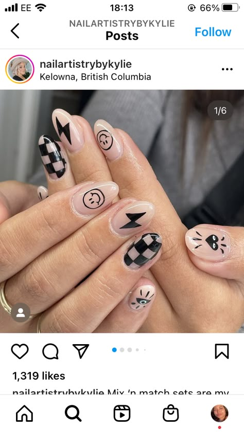 Rock Theme Nails, Rock And Roll Nails, Punk Rock Nails, Rock Nails, Gel Nail Ideas, Almond Acrylic, Band Nails, Goth Nails, Nails Accessories