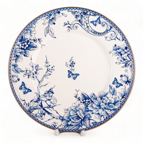 Bring elegance and functionality to your kitchen with the STP Goods 11" Bird of Paradise Enameled Serving Plate.  The charming enamel serving plate with a blue toile pattern and bronzed stainless steel rim is ready to serve your best dishes. Delft Patterns, Thanksgiving Serving Dishes, Blue China Patterns, Ceramic Fish Plate, Blue And White Plates, Pioneer House, Chinoiserie Plates, Blue And White Dinnerware, Thanksgiving Entertaining