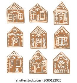 Set of cute cartoon gingerbread houses. Festive homemade Christmas cookies. Vector illustration. Cookie House Christmas, Gingerbread Village Drawing, Gingerbread House Cartoon, Gingerbread House Drawing, Gingerbread Illustration, Christmas House Illustration, Ginger Bread House Cartoon, Gingerbread House Art, Cute Gingerbread House Ideas