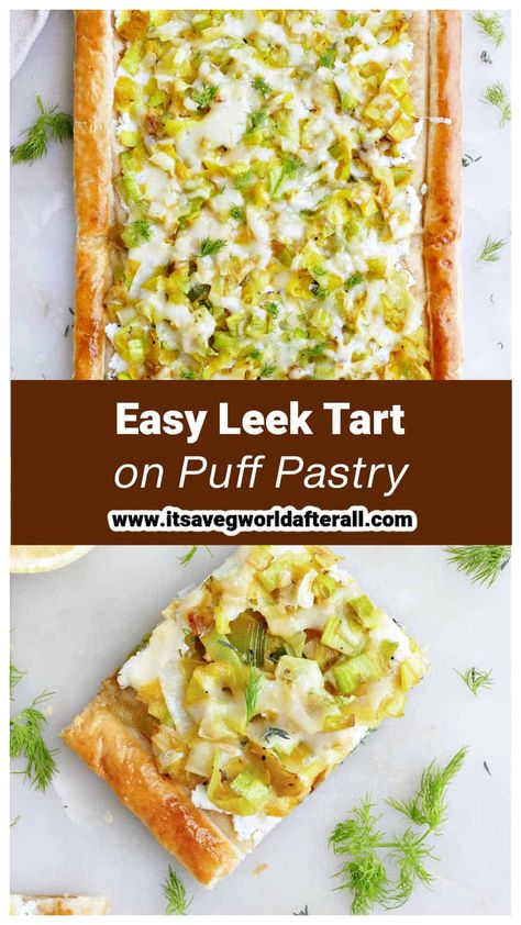 Caramelized leeks and creamy cheese make this puff pastry tart super flavorful and rich! It's a delicious vegetarian appetizer, side, or main that's easy to prepare yet elegant and impressive. Leek Pastry Recipe, Leek And Parmesan Pastry, Leek Puff Pastry Tart, Leek Puff Pastry, Leek Tart Recipe, Leek Appetizer, Vegetarian Puff Pastry Recipes, Caramelized Leeks, Cherry Tomato Tart