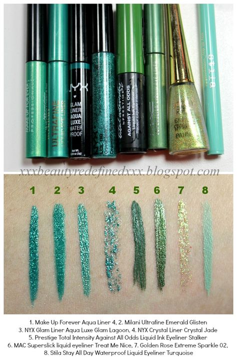 Green eyeliner comparison Light Pink Eyeshadow, Eyeshadow Green, Eyeshadow Blue, Pink Eyeshadow Palette, How To Do Eyeliner, Green Eyeliner, Red Eyeliner, Blue Liner, Minimalist Makeup