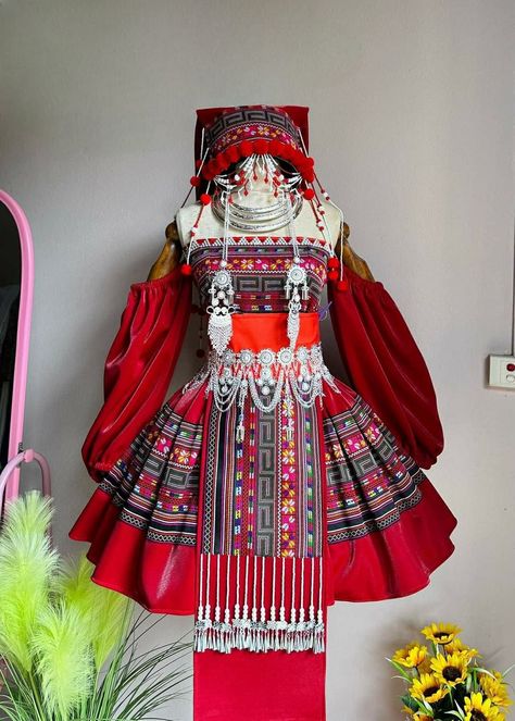 Hmong Dress for Women, Vintage Ethnic Embroidered Dress, Hmong Hill Tribe Handmade Outfit, Traditional Costume in the North of Vietnam - Etsy Hmong Chinese Clothes, Hmong Aesthetics, Hmong Wedding Dress, Hmong Clothes Traditional, Vietnam Traditional Clothes, Tribe Outfit, Vietnam Outfit, Vietnam Traditional Dress, Hmong Dress