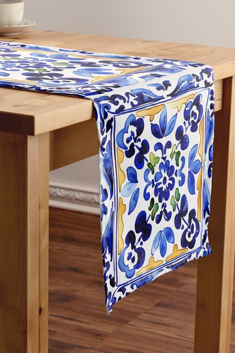 Amalfi Vietri Italian blue tiles Mediterranean Short Table Runner Amalfi Kitchen Decor, Tuscany Patio, Tiles Mediterranean, Mexican Party Invitation, Party Interior, Italian Artwork, Mexican Themed Weddings, Italian Party, Short Table Runner