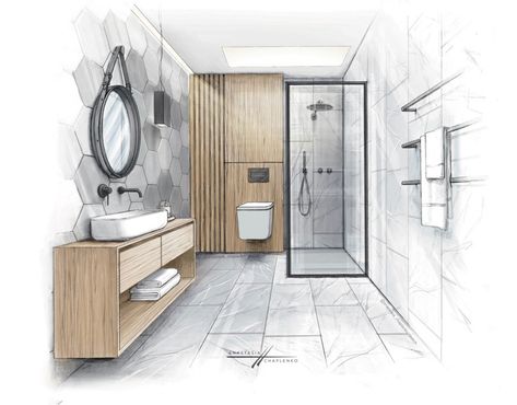 Bathroom Sketch, Bathroom Drawing, Interior Architecture Sketch, House Design Drawing, Interior Sketches, Interior Design Sketchbook, Interrior Design, Furniture Design Sketches, Drawing Interior