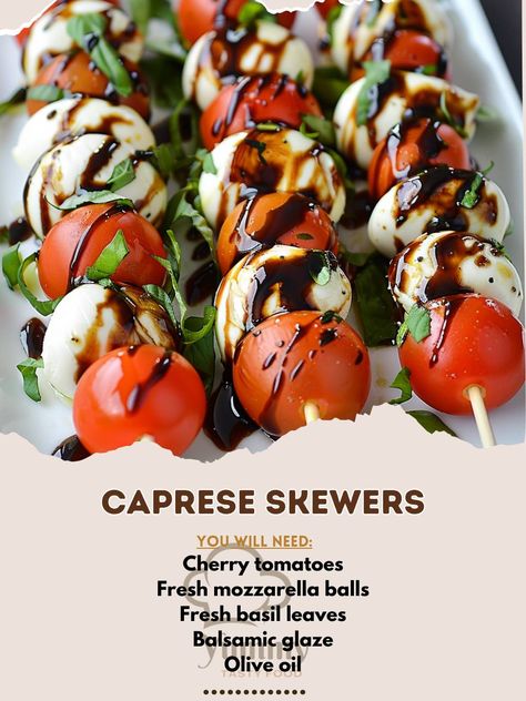 🍅 Elevate your appetizer game with Caprese Skewers! 🧀🌿 #FreshAndTasty Caprese Skewers Ingredients: Cherry tomatoes (12) Fresh mozzarella balls (12) Fresh basil leaves (12) Balsamic glaze (1 tbsp) Olive oil (1 tsp) Salt and pepper to taste Instructions: Thread tomatoes, mozzarella, and basil onto skewers. Drizzle with olive oil and balsamic glaze. Season with salt and pepper. 🌟 Enjoy our simple yet elegant Caprese Skewers at your next gathering! #PartyFavorites #HealthySnacks Truffle Sauce, Mozzarella Balls, Tomatoes Mozzarella, Caprese Skewers, Balsamic Glaze, Basil Leaves, Fresh Mozzarella, Fresh Basil, Skewers