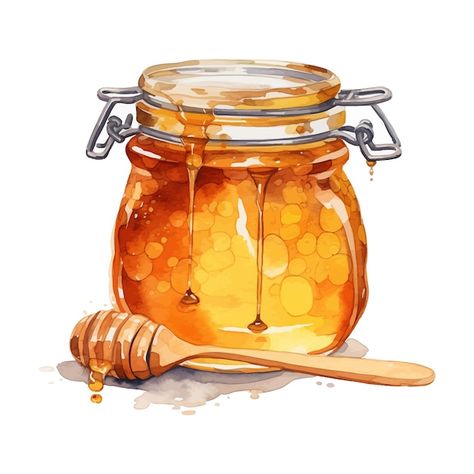 Honey jar watercolor clipart white backg... | Premium Vector #Freepik #vector #honey-jar #honey-pot #honey #honey-bee Jar Watercolor, Honey Illustration, Diy Recipe Binder, Candy Drawing, Honey Art, Honey Logo, Food Art Painting, Honey Bottles, Peanut Butter Jar