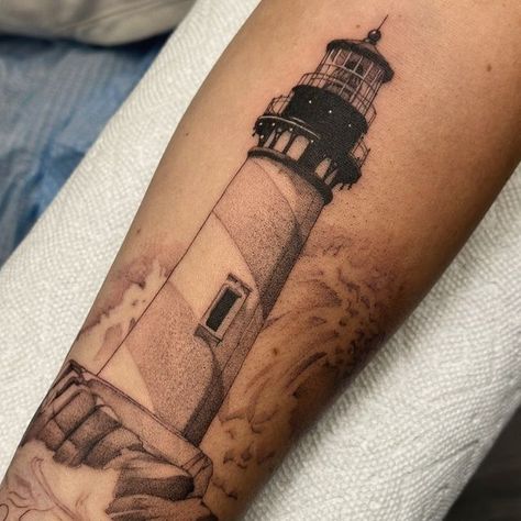 Lighthouse Tattoo Men, Parker Tattoo, Light House Tattoo, Lighthouse Tattoos, Nautical Sleeve, House Tattoo, Lighthouse Tattoo, Water Tattoo, Nautical Tattoo