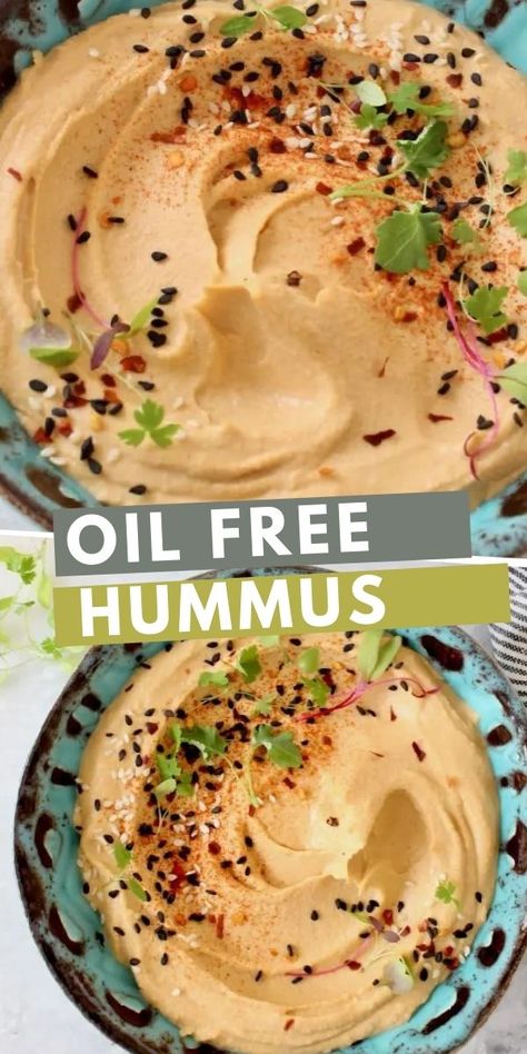 Oil Free Hummus Vegan, Fat Free Hummus Recipe, Oil Free Hummus, Fat Free Foods, Oil Free Recipes, Vegan Oil Free Recipes, Low Fat Hummus Recipe, Oil Free Hummus Recipe, Vegan Hummus Recipe