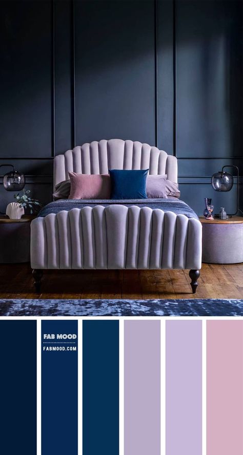 lavender and navy blue bedroom, lavender and navy blue bedroom color scheme, lavender and navy blue bedroom color ideas, lavender and navy blue bedroom decorating ideas #colorcombo #colorscheme #bedroomcolor Navy Blue Pink Purple Bedroom, Navy Blue And Purple Bedroom Ideas, Lavender Blue Bedroom, Navy Blue Colour Scheme, Lavender And Navy Blue, Dc Rowhouse, Lilac Bedroom Ideas, Bedroom Lavender, Navy Bedroom Decor