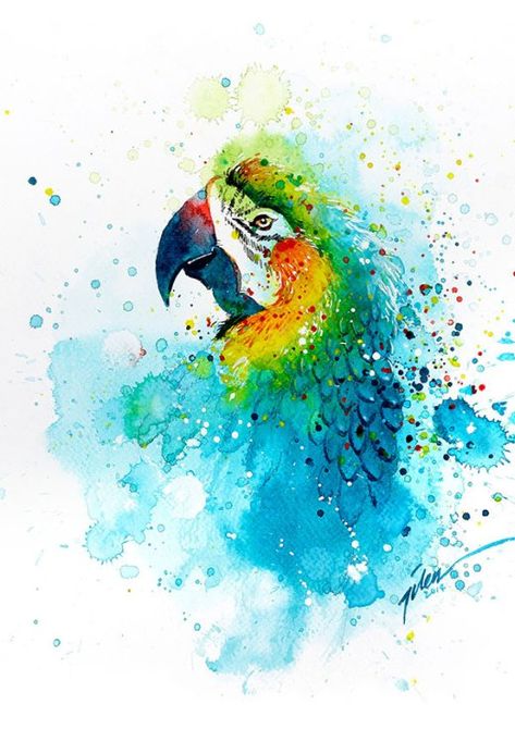 As coloridas aquarelas com pinturas de animais de Tilen Ti Parrot Painting, Cat Air, Urban Sketchers, Arte Inspo, Watercolor Splash, Arte Animal, Art And Illustration, Watercolor Bird, Watercolor Animals