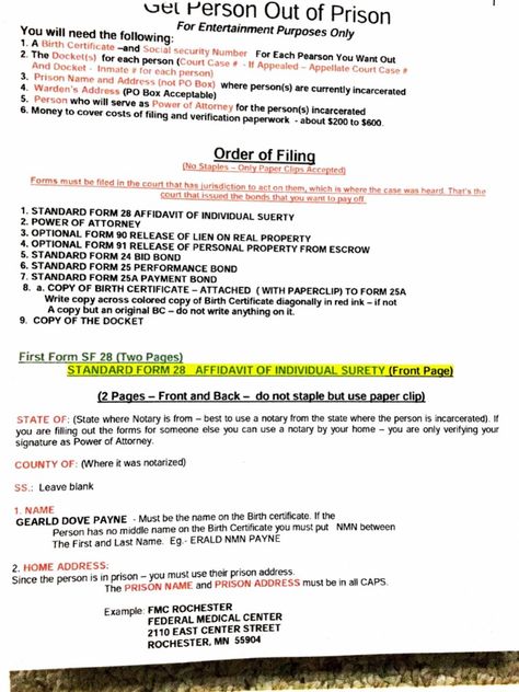 1. The document provides instructions for filing paperwork to have a person released from prison, including necessary forms and supporting documents. 2. The forms require information like the incarcerated person's birth certificate, social security number, prison name and address, criminal case details, and power of attorney. 3. The paperwork must be filed in the court of original jurisdiction and includes affidavits, bonds, and documents releasing liens on real and personal property. Case Brief, Cybersecurity Infographic, Government Lessons, Personal Sovereignty, Teaching Government, Law Notes, Law School Life, Legal Forms, Freedom Fighter