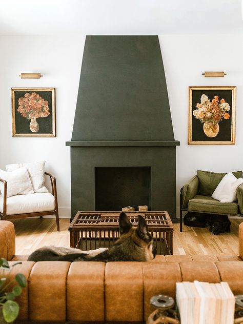 This color green would like really nice on your built-in bookshelves on each side of the fireplace. Chalet Remodel, Faux Fireplace Ideas, Fireplace Inspiration, Modern Chalet, Faux Fireplace Diy, Basement Living, Modern Mediterranean, Concrete Fireplace, House Updates