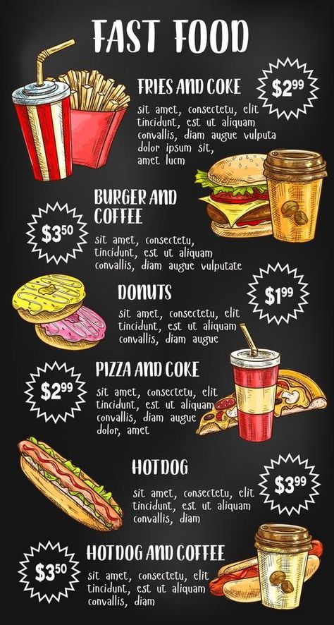 Fast food menu on chalkboard design Fast Food Pics, Fast Food Pictures, Menu On Chalkboard, Fast Food Menu Design, Fast Food Restaurant Design, Resep Makanan Beku, Food Fast Food, Menu Sans Gluten, Fast Food Logos