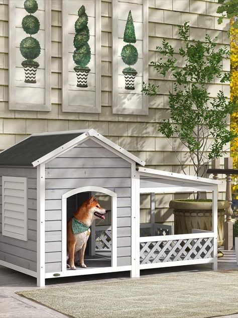 PawHut Wooden Dog House Outdoor with Porch, Cabin Style Raised Dog Shelter with Asphalt Roof, Doors, and Shutter Window, for Medium Large Sized Dog, Light Gray Porch Shelter, Dog House With Porch, Dog House Outdoor, Big Dog House, Plastic Dog House, Patio Upgrade, Dog Shelter, Wooden Dog House, Large Dog House