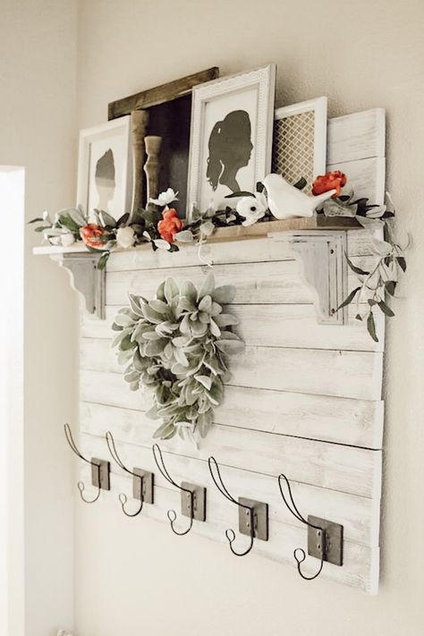 #farmhouse #farmhousediy #diy #coatrack Shelves With Hooks Decor, Farmhouse Coat Rack, Farmhouse Coat Rack Entrance, Diy Coat Rack Wall Entryway, Diy Wall Coat Rack With Shelf, Farmhouse Hooks Entryway, Diy Entryway Coat Rack Shelf, Diy Coat Rack Wall, Wall Coat Rack