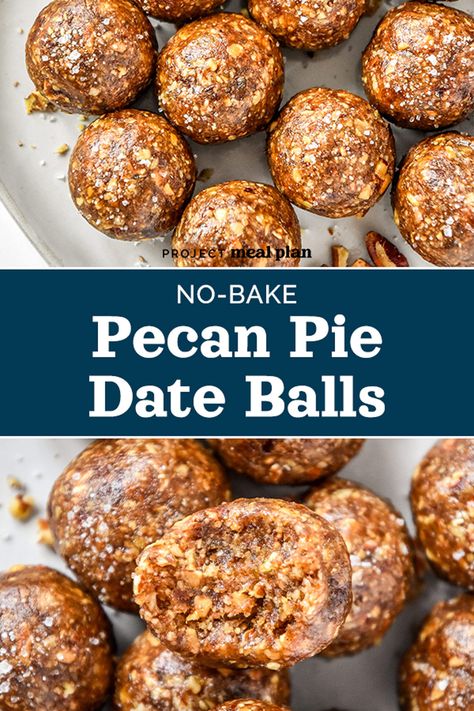 These 4-ingredient No-Bake Pecan Pie Date Balls will blow your mind! The blended dates create a sweet caramelly texture while the pecans, almonds and vanilla mimic the classic pie flavors perfectly! Try this simple, on-the-go snack! Date Protein Balls, Energy Food, Date Balls, Healthier Snacks, Pie Flavors, Date Recipes, Lost 100 Pounds, Healthy Food Facts, On The Go Snacks