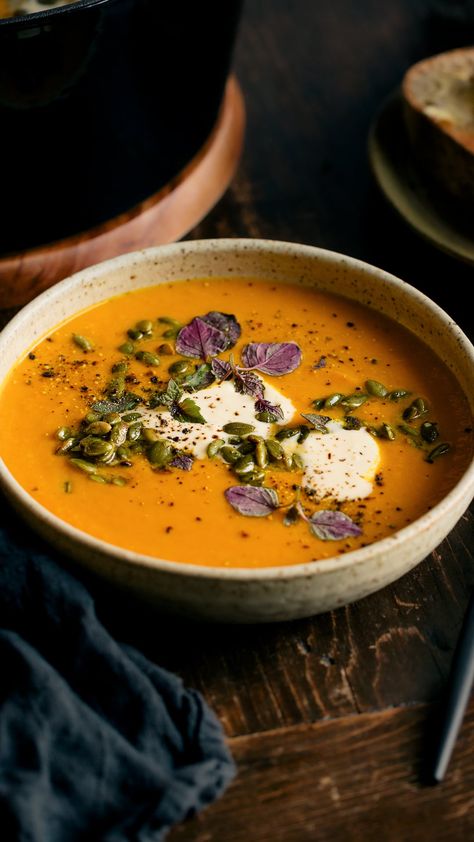 Pumpkin Turmeric Soup, Ginger Turmeric Recipes, Aip Fall Soups, Soup For Appetizer, Aip Pumpkin Soup Recipes, Pumpkin Carrot Ginger Soup, Ginger Pumpkin Soup, Vegan Golden Soup, Soups With Ginger