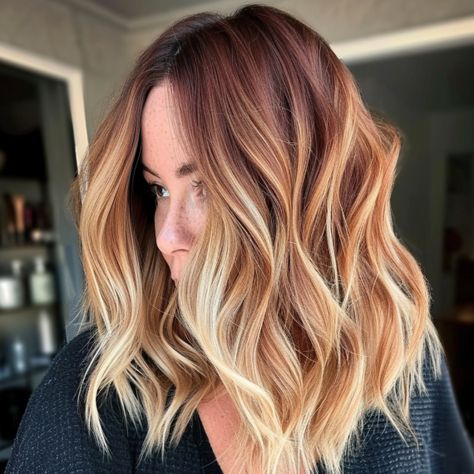 Blonde Ombré Highlights, Blonde To Auburn Balayage, Blond And Auburn Highlights, Reddish Brown Blonde Hair, Blonde With Dark Red Highlights, Blonde Balayage With Auburn Lowlights, Cowboy Copper Root Melt, Copper Blonde Color Melt, Auburn With Blonde Balayage