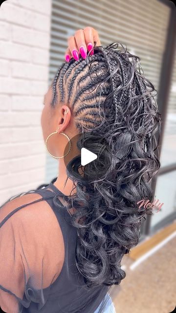 Braid And Twist Mohawk, Cornrow Mohawk Hairstyles Black, Cute Mohawk Hairstyles Black Women, Mohawk Crochet Hairstyles Black Women, Crochet Mohawk Hairstyle, Mohawk Styles For Women, Braided Mohawk For Black Women, Curl Mohawk, Mohawk Braid For Black Women