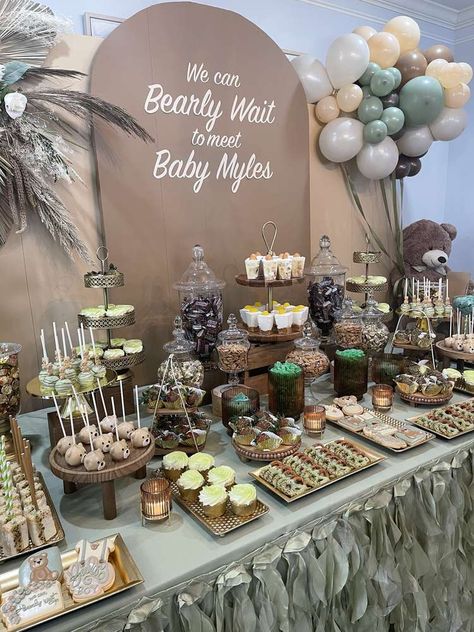 Bear Bridal Shower Theme, Teddy Bear Birthday Table Decor, We Can Bearly Wait Sweets Table, Shindig Party Ideas, Bear Baby Shower Candy Table, Teddy Bear Candy Table Ideas, We Can Barely Wait Cake Ideas, I Can Nearly Wait Baby Shower Ideas, We Can Barely Wait Party Favors