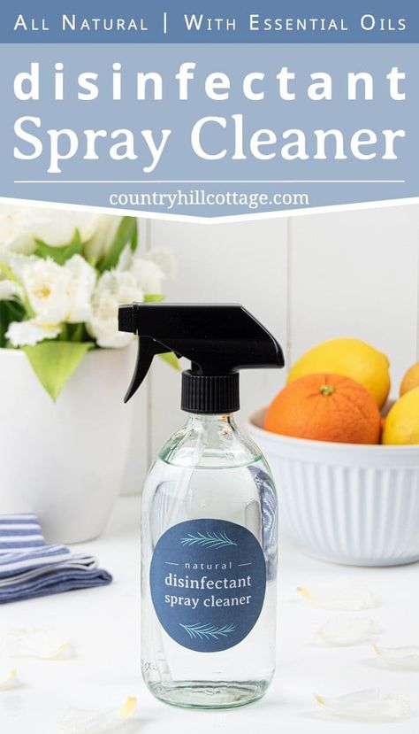 See how to make an easy DIY disinfectant spray with essential oils without harsh chemicals of other household cleaners. This vinegar-free homemade disinfectant spray recipe helps to fight harmful germs in you home. The natural DIY Lysol disinfecting spray is suitable for kitchen, bathroom, surfaces, furniture, bed, fabric, toys, safe for babies. Can be made with rubbing alcohol, vodka and peroxide. Includes free printable labels for packaging. #cleaning #essentialoils | countryhillcottage.com Vinegar And Essential Oil Cleaner, Toy Disinfectant Spray, Bleach Spray Cleaner, Diy Essential Oil Cleaning Spray, Non Toxic Disinfectant Spray, Homemade Antibacterial Spray, Homemade Household Cleaners, Kitchen Cleaner Diy Sprays, Diy Sanitizing Spray