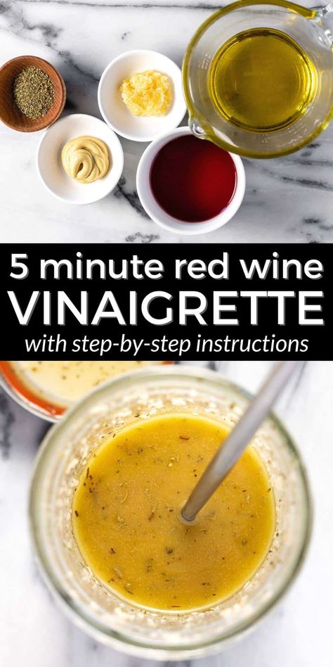 The Best Red Wine Vinaigrette Recipe (5 Minutes!) Red Wine Vinaigrette Dressing Recipe, Red Wine Vinegarette, Vinegrette Recipe, Red Wine Vinegar Salad Dressing, Red Wine Vinegar Recipes, Healthy Dressing Recipes, Vinaigrette Dressing Recipe, Red Wine Recipe, Vinegar Salad Dressing