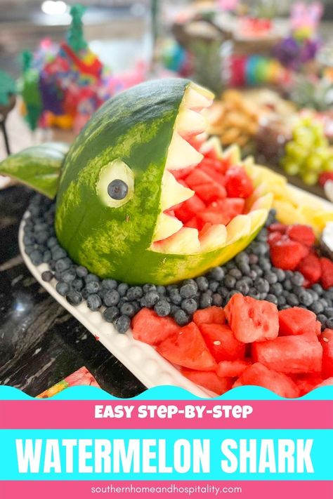 Fruit Fish Platter, Watermelon Shark, Shark Week Party, Fruit Board, Baby Shower Snacks, Watermelon Carving, Luau Birthday, Watermelon Fruit, Recipe Boards