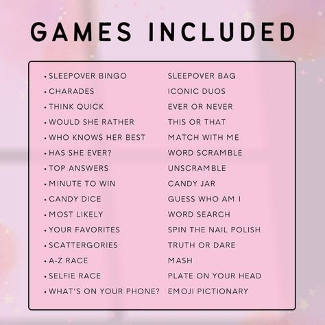 Editable Slumber Party Games, Slumber Party Bundle, Sleepover Activities, Slumber Party Games, Canva - Etsy UK 25th Birthday Slumber Party Ideas, Bday Party Sleepover Ideas, Slumber Party Games For Women, 2000s Sleepover Party, Birthday Slumber Party Ideas For Adults, Girls Sleepover Party Ideas, Slumber Party Bachelorette Ideas, Pyjama Party Ideas, Adult Sleepover Party