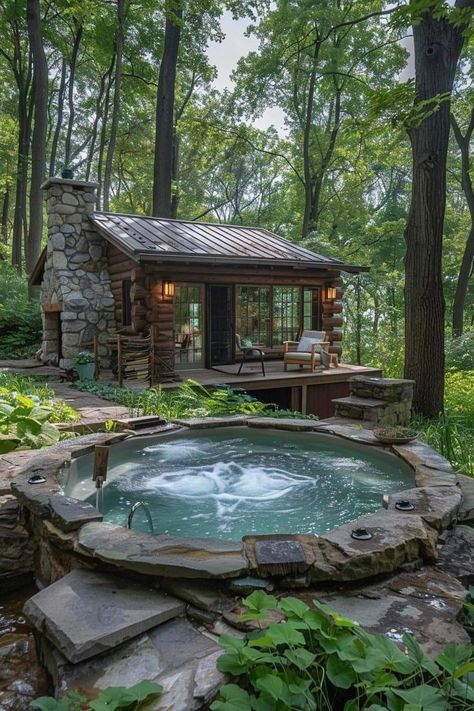 Little Cabin In The Woods, Forest Cabin, Pond Water Features, Jacuzzi Outdoor, Tiny Cabins, Little Cabin, Tiny Cabin, Small Ponds, Tiny House Cabin