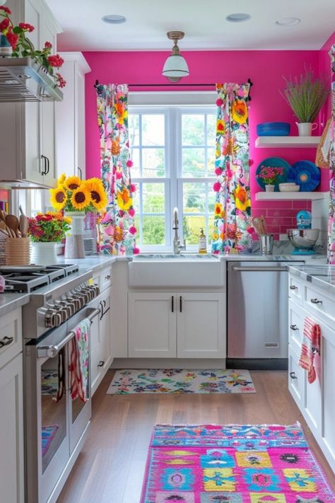 Eclectic Kitchen Ideas, Colorful Cabinets, Kitchen Looks, Artistic Decor, Eclectic Kitchen, Maximalist Decor, Boho Kitchen, Pink Kitchen, Kitchen Ideas