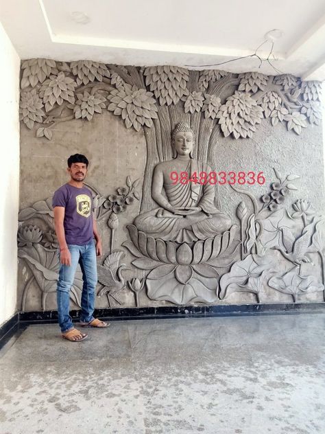 Buddha Wall Painting Ideas, Cement Wall Mural Art, Buddha Wall Design, Buddha Sculpture On Wall, Buddha Wall Decor Living Room, 3d Buddha Wall Art, Buddha Murals Wall Art, Relief Painting Designs, Mural Wall Art Creative